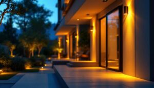 A photograph of a beautifully illuminated outdoor space featuring high-end lighting fixtures