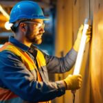 A photograph of a lighting contractor installing or inspecting a 2ft fluorescent tube in a commercial setting