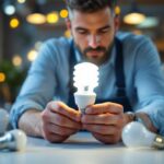 A photograph of a lighting contractor examining a 13-watt compact fluorescent bulb alongside various alternative lighting options