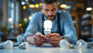 A photograph of a lighting contractor examining a 13-watt compact fluorescent bulb alongside various alternative lighting options