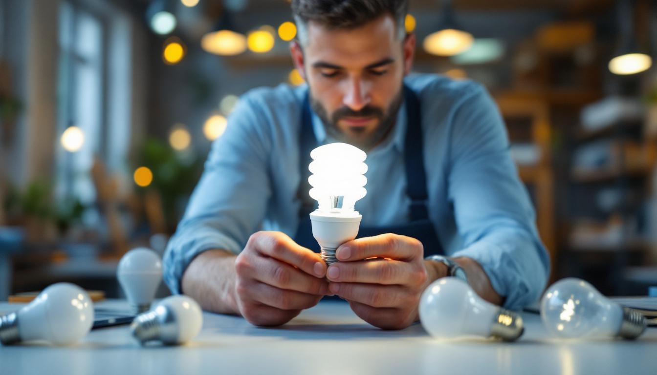A photograph of a lighting contractor examining a 13-watt compact fluorescent bulb alongside various alternative lighting options