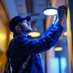 A photograph of a skilled lighting contractor expertly installing wafer lights in a modern interior space