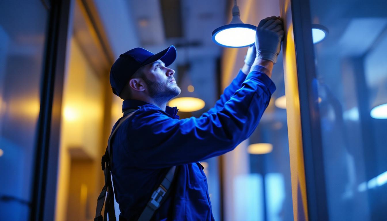 A photograph of a skilled lighting contractor expertly installing wafer lights in a modern interior space