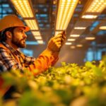 A photograph of a skilled lighting contractor meticulously installing advanced grow lights in a modern industrial greenhouse