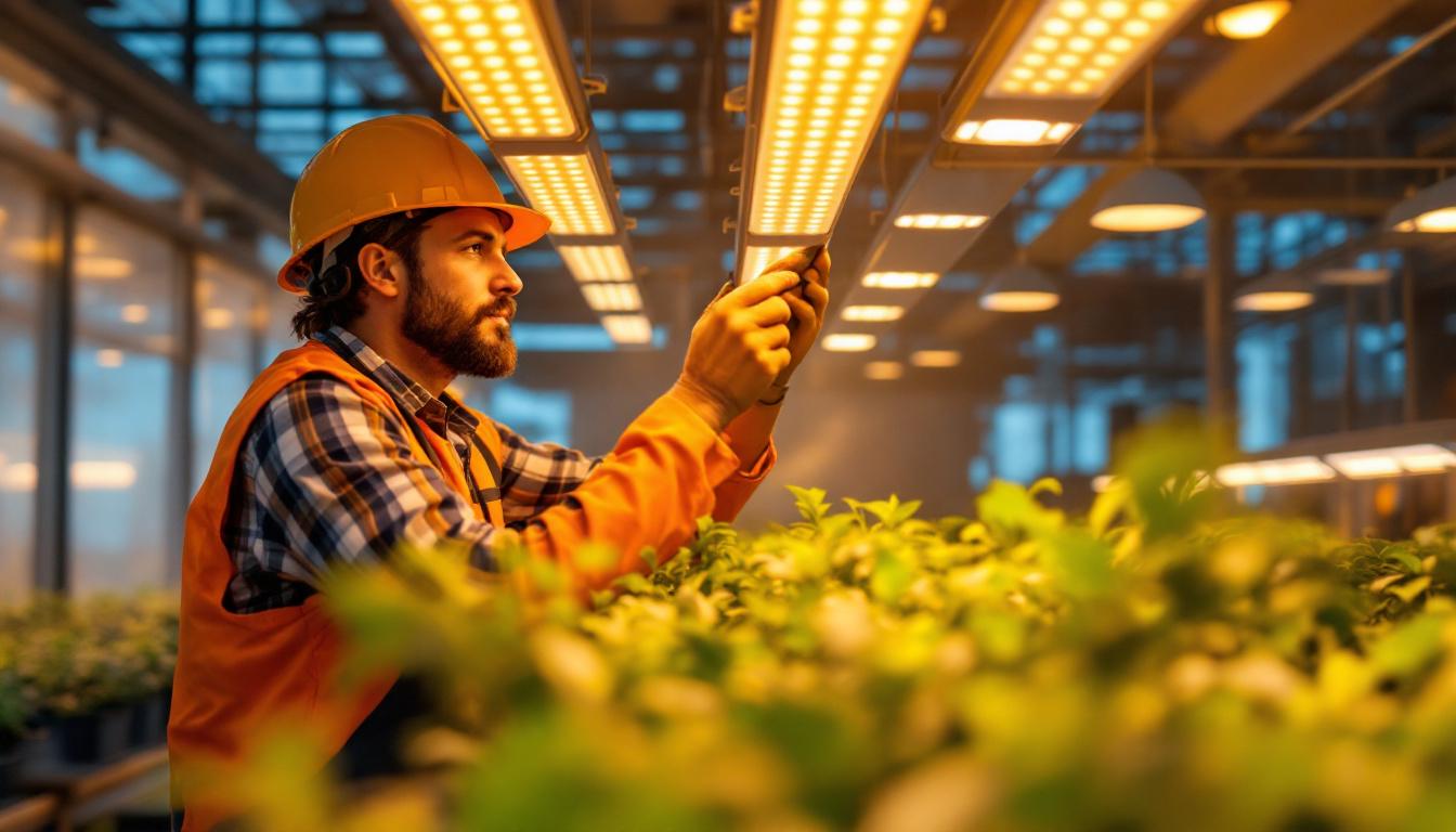 A photograph of a skilled lighting contractor meticulously installing advanced grow lights in a modern industrial greenhouse