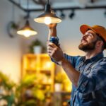 A photograph of a skilled lighting contractor installing mr16 bulbs in a modern