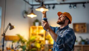 A photograph of a skilled lighting contractor installing mr16 bulbs in a modern