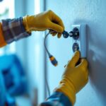 A photograph of a skilled lighting contractor expertly installing a washer electrical plug in a residential setting
