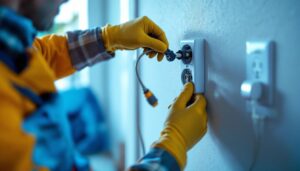 A photograph of a skilled lighting contractor expertly installing a washer electrical plug in a residential setting