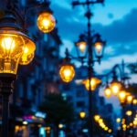 A photograph of a well-lit street scene showcasing various types of street light bulbs in use