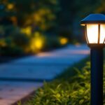 A photograph of capture a photograph of a beautifully illuminated bollard light fixture in an outdoor setting