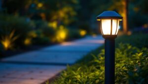 A photograph of capture a photograph of a beautifully illuminated bollard light fixture in an outdoor setting
