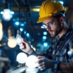 A photograph of a skilled lighting contractor working in a well-lit industrial setting