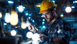 A photograph of a skilled lighting contractor working in a well-lit industrial setting
