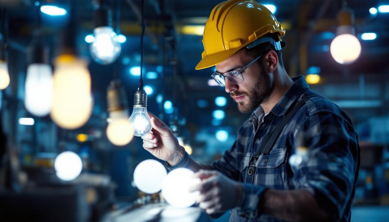 A photograph of a skilled lighting contractor working in a well-lit industrial setting