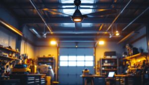 A photograph of a spacious garage featuring a sleek industrial ceiling fan in action