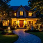 A photograph of a beautifully illuminated front yard showcasing various outdoor lighting fixtures