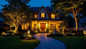 A photograph of a beautifully illuminated front yard showcasing various outdoor lighting fixtures