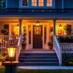 A photograph of a beautifully illuminated porch featuring solar-powered lights in action during dusk