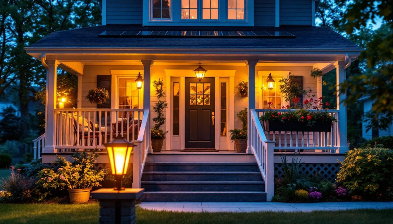 A photograph of a beautifully illuminated porch featuring solar-powered lights in action during dusk