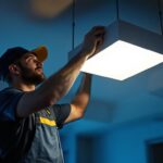 A photograph of a lighting contractor skillfully installing a modern shoebox light fixture in a residential or commercial setting