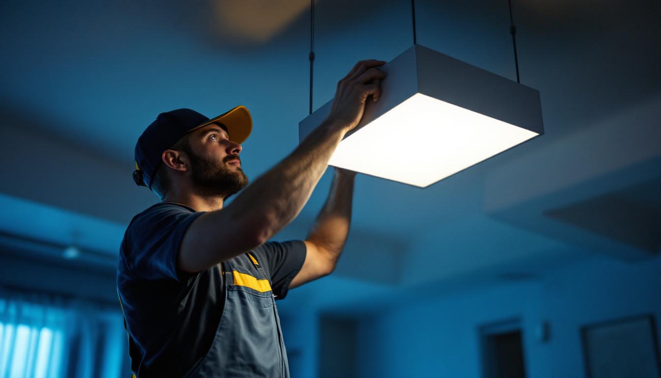 A photograph of a lighting contractor skillfully installing a modern shoebox light fixture in a residential or commercial setting