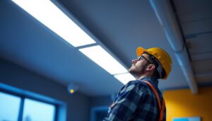 A photograph of capture a photograph of a well-lit commercial space featuring sleek 2x4 led troffer lights installed in the ceiling