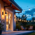 A photograph of a beautifully illuminated outdoor space featuring stylish gooseneck lights