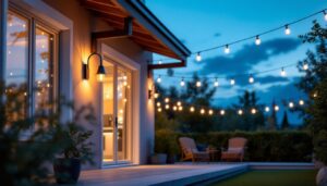 A photograph of a beautifully illuminated outdoor space featuring stylish gooseneck lights