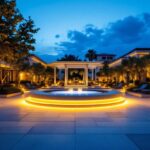 A photograph of a beautifully illuminated outdoor space at dusk
