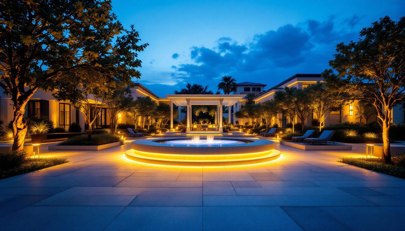 A photograph of a beautifully illuminated outdoor space at dusk