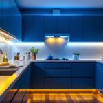 A photograph of a beautifully illuminated kitchen featuring under cupboard lights