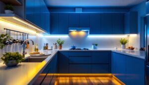 A photograph of a beautifully illuminated kitchen featuring under cupboard lights