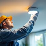 A photograph of a lighting contractor installing a sleek