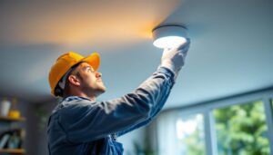 A photograph of a lighting contractor installing a sleek