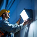A photograph of a skilled lighting contractor installing a sleek led wall pack light fixture on a commercial building exterior