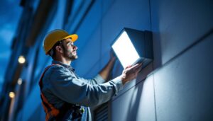 A photograph of a skilled lighting contractor installing a sleek led wall pack light fixture on a commercial building exterior