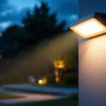 A photograph of a well-lit outdoor area at dusk featuring a modern led security light in action