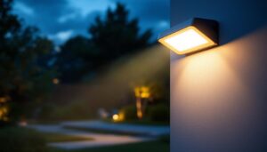 A photograph of a well-lit outdoor area at dusk featuring a modern led security light in action