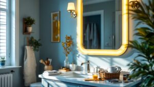 A photograph of a well-lit bathroom or vanity space showcasing stylish yet affordable vanity lights