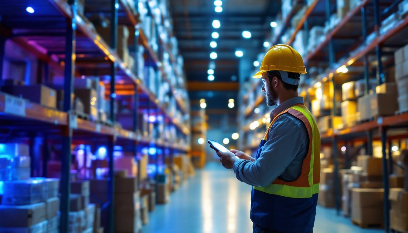 A photograph of a lighting contractor examining a bright