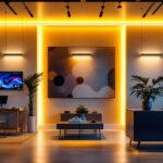 A photograph of a modern lighting design installation in a beautifully lit space