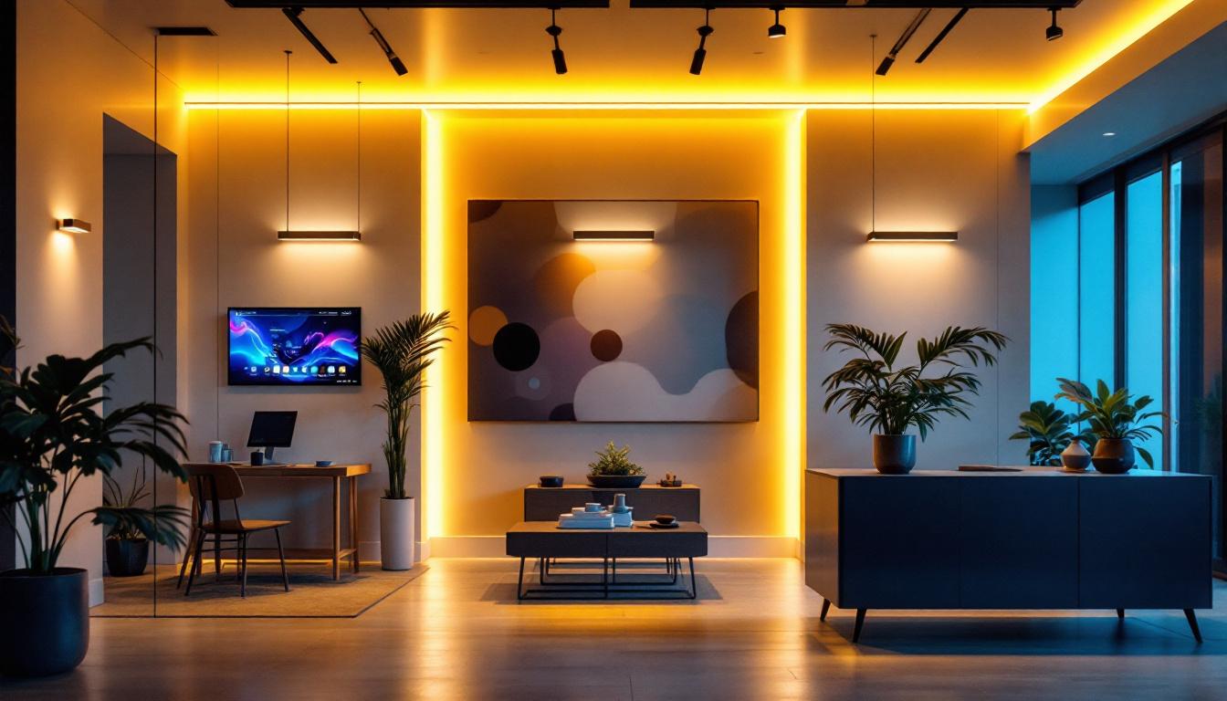 A photograph of a modern lighting design installation in a beautifully lit space