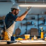 A photograph of a well-lit workspace featuring a contractor installing or adjusting a 2-foot led light fixture