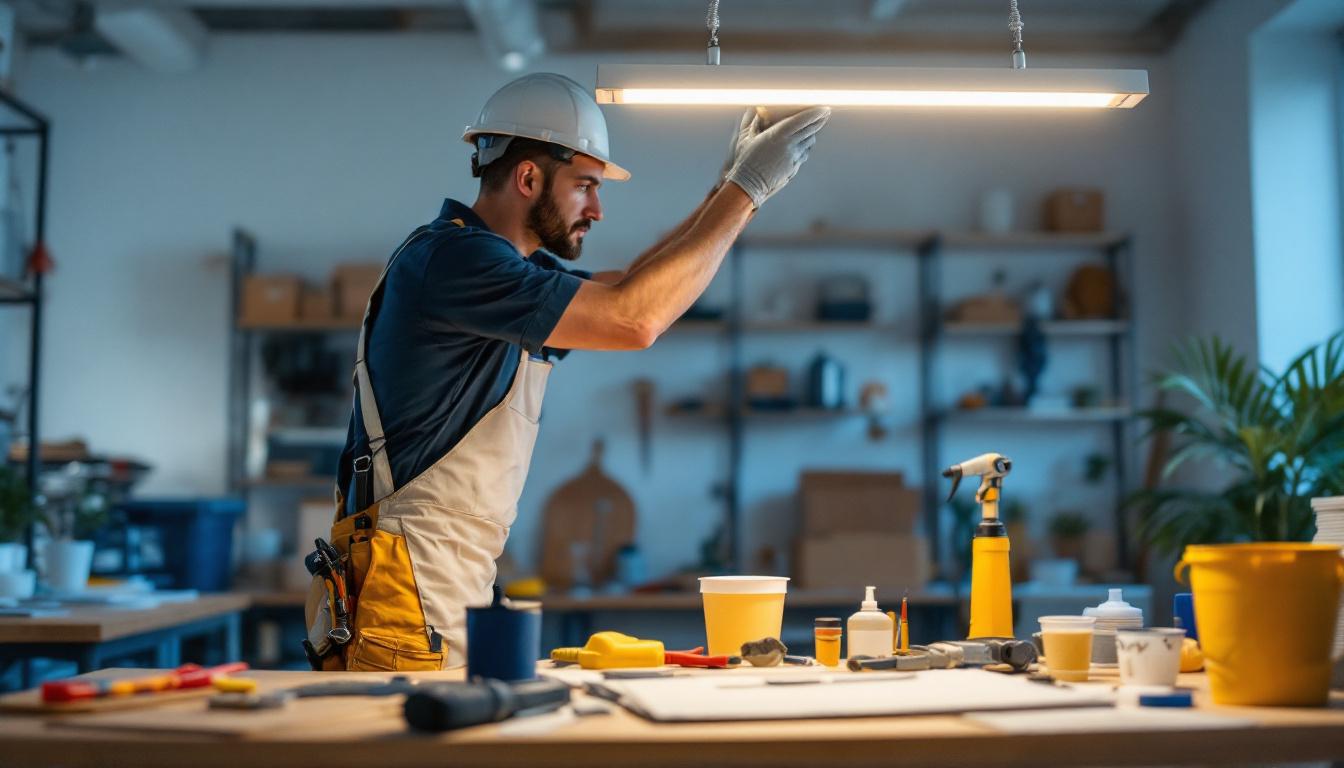 A photograph of a well-lit workspace featuring a contractor installing or adjusting a 2-foot led light fixture