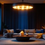 A photograph of a beautifully designed led 8 light fixture illuminated in a stylish interior setting