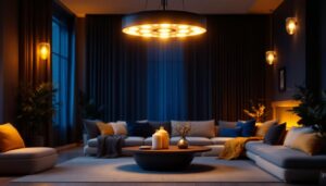 A photograph of a beautifully designed led 8 light fixture illuminated in a stylish interior setting