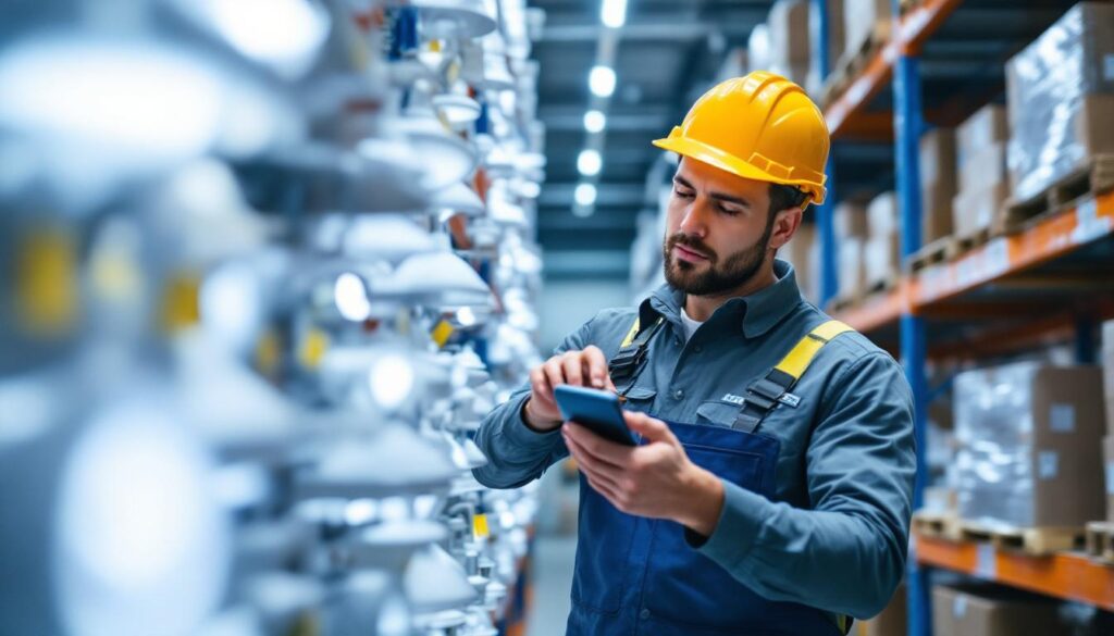 A photograph of a lighting contractor inspecting various types of lighting fixtures in a well-organized wholesale warehouse
