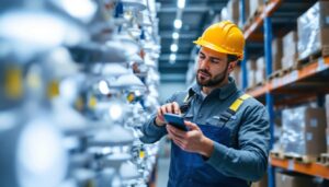 A photograph of a lighting contractor inspecting various types of lighting fixtures in a well-organized wholesale warehouse