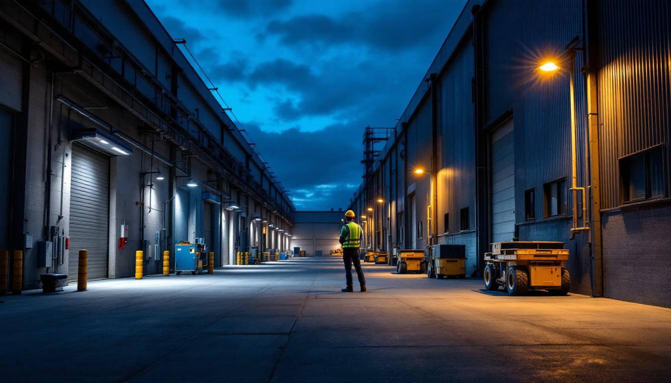 A photograph of a well-lit outdoor industrial setting at dusk